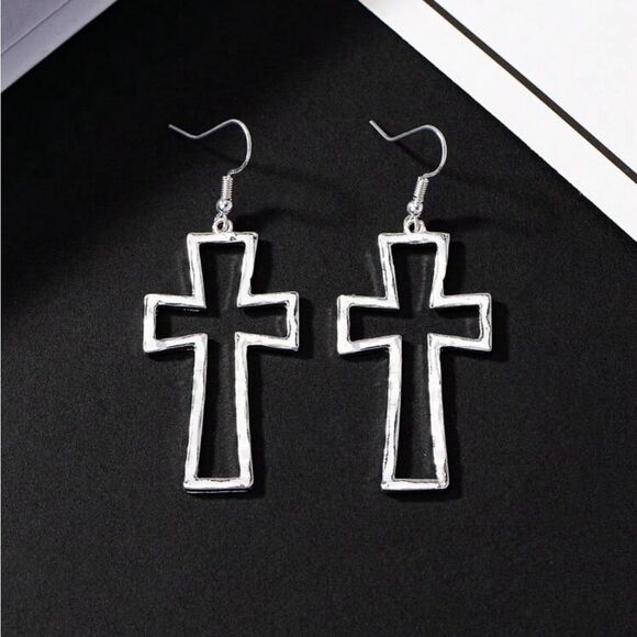 Hollow Out Cross Drop Zinc Alloy Earrings - Picture 4 of 9